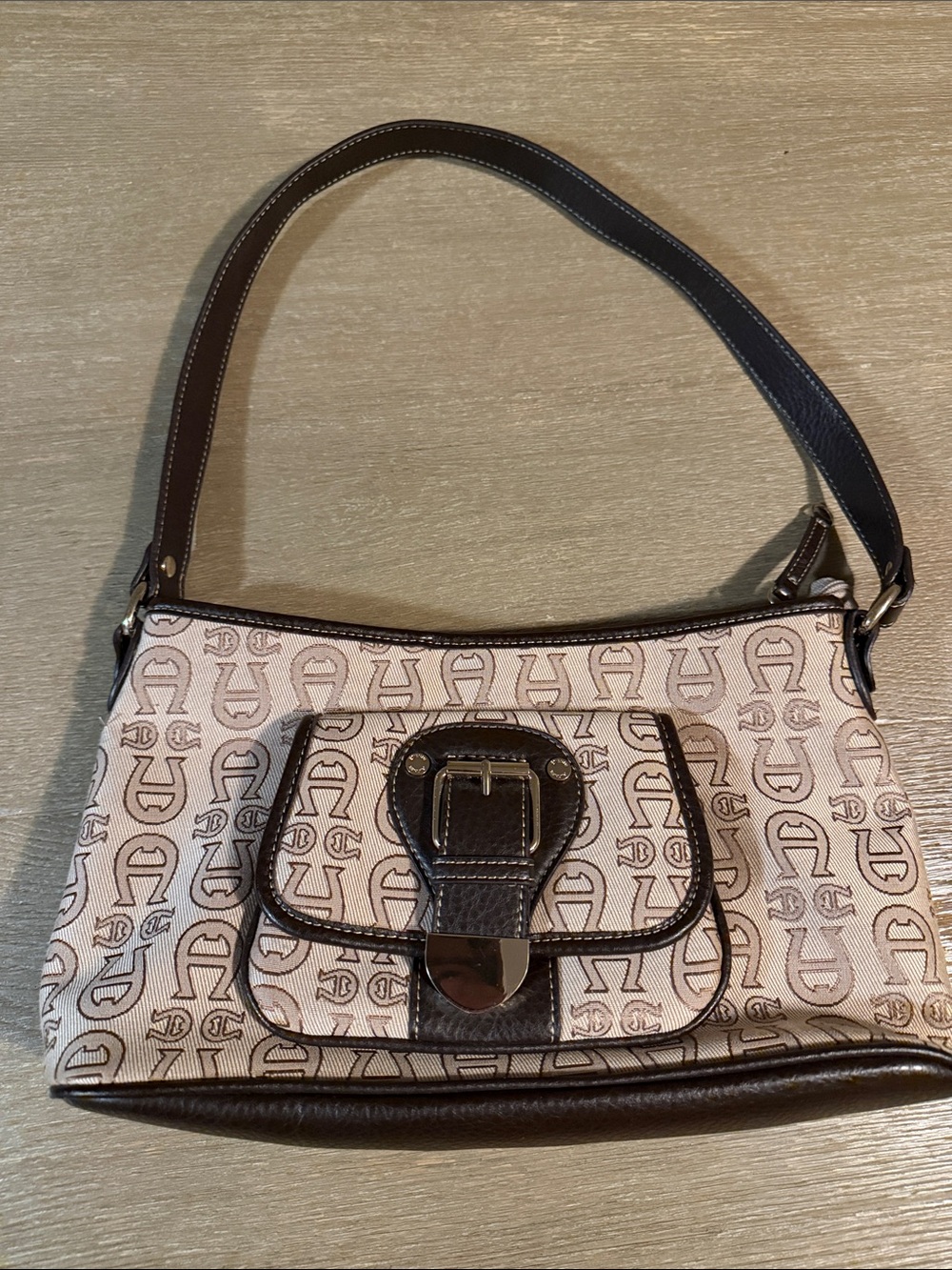Etienne Aigner Beige Canvas Logo Shoulder Bag with Dark Brown Trim